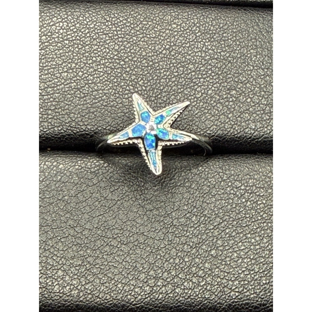 New Condition Sterling Silver Lab Blue Opal Starfish Ring Size 7 J16